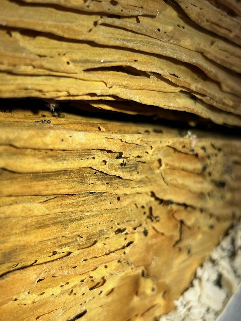 Close-up of wood hollowed into layered galleries by subterranean termites